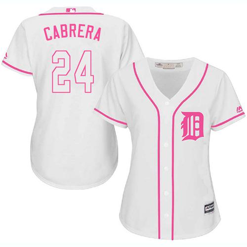 Tigers #24 Miguel Cabrera White/Pink Fashion Women's Stitched MLB Jersey - Click Image to Close